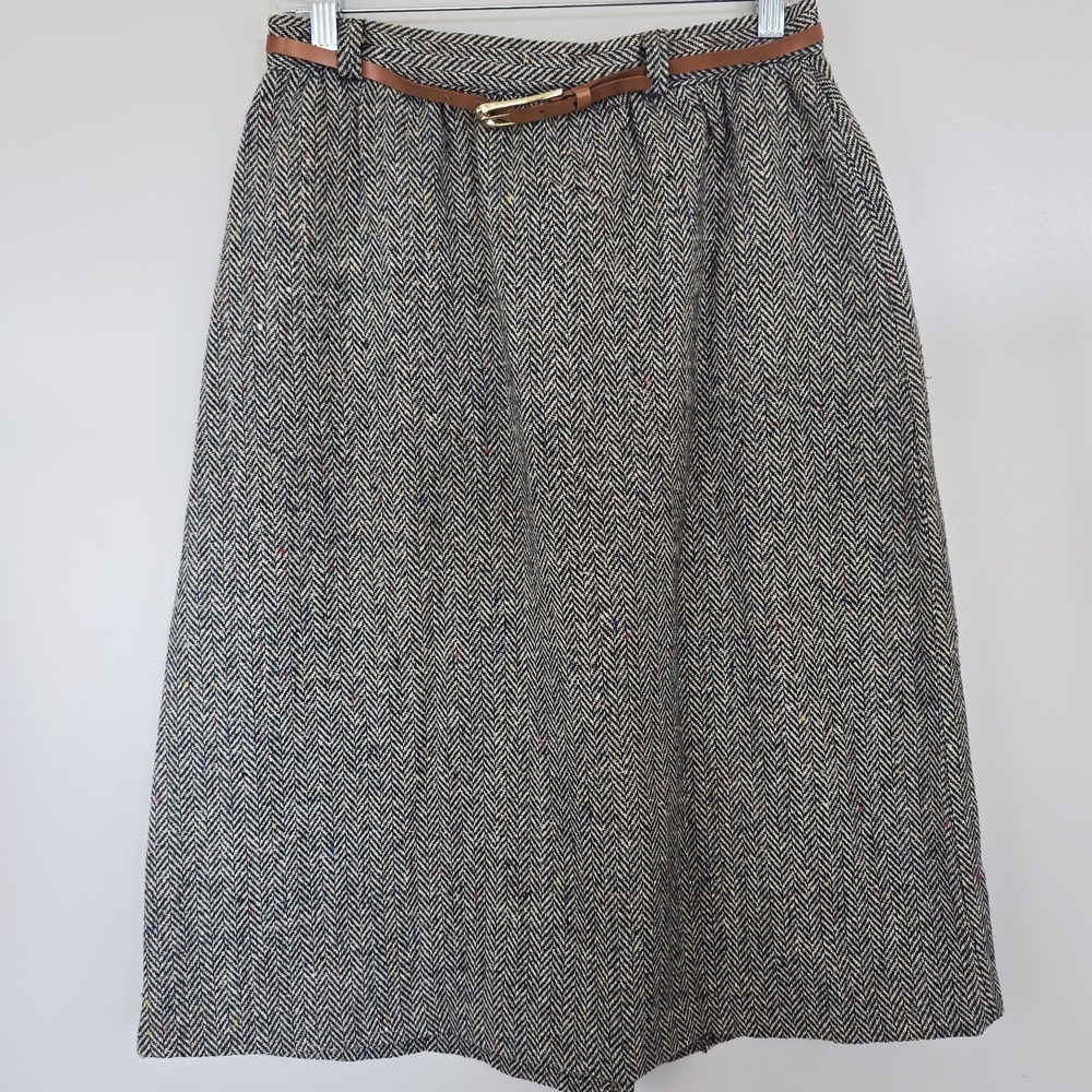 Vtg Adam Yves Women Skirt Sz 13-14 Button Zip Belt Black White Pockets Slit.D194